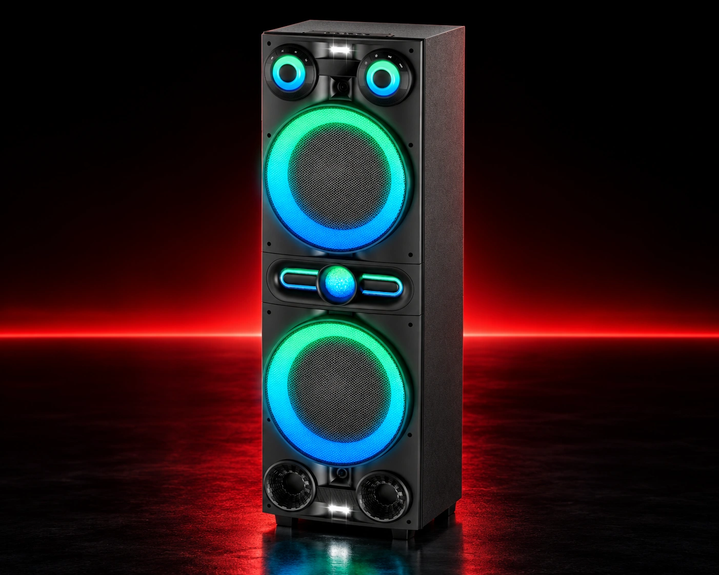 DM66 on a dark red-lit reflective stage
