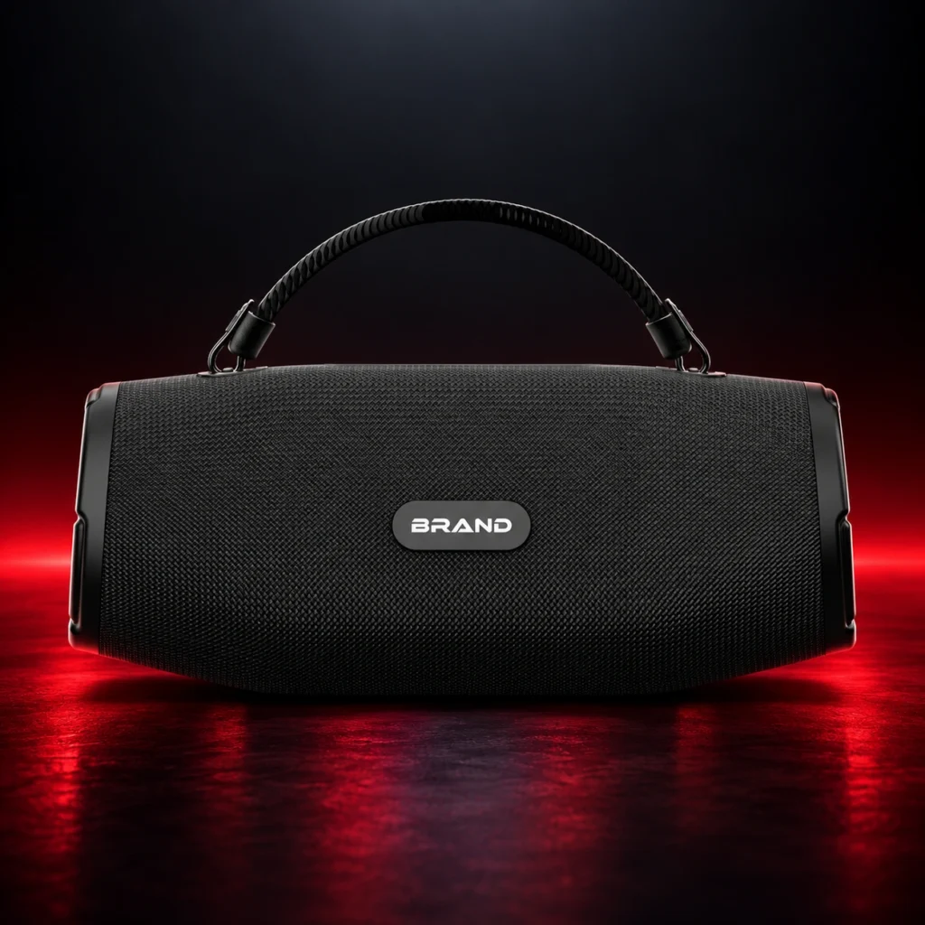 V3 fabric portable speaker on a dark red-lit stage