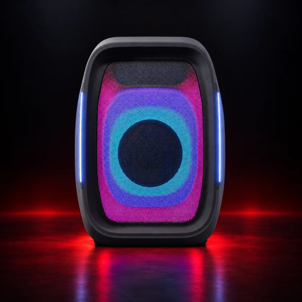 X1 single speaker on a dark red-lit stage