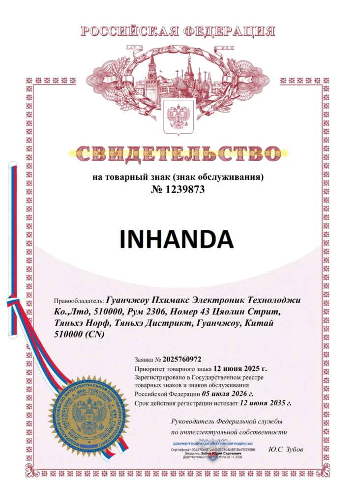 INHANDA Russia trademark certificate